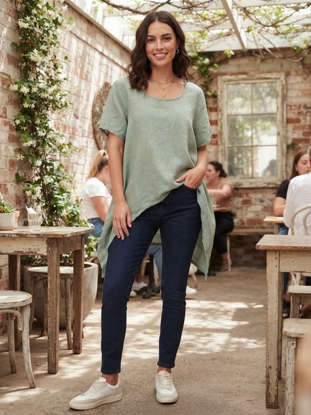 Light Sage Short-Sleeve Linen Blend Tunic Top